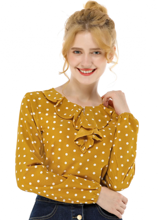 Blouse polkadot dengan leher berkerut